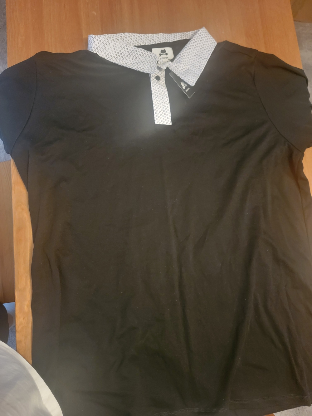 Men's Black Polo with Contrasting White Patterned Collar